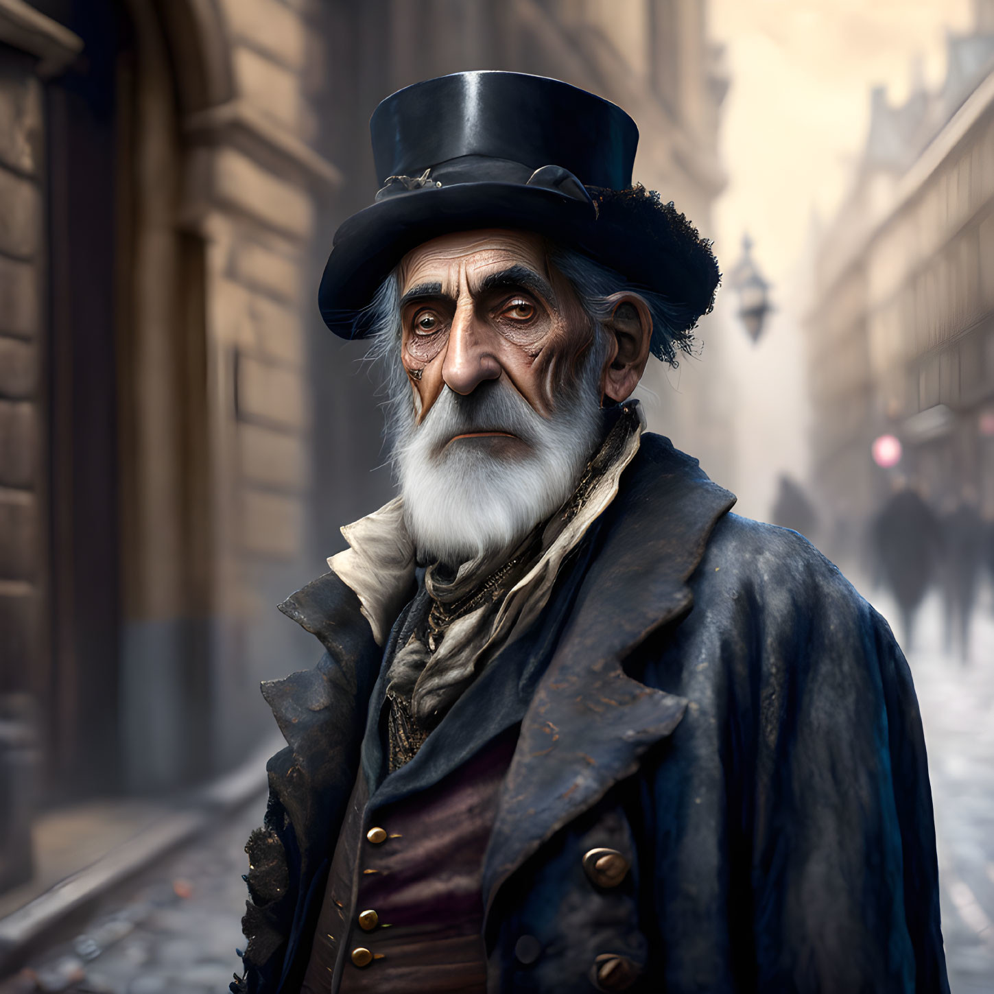 Elderly man in top hat and coat on foggy city street