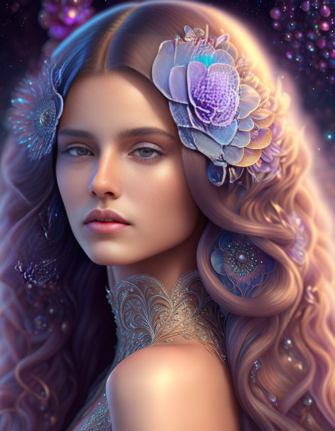 Digital portrait of a woman with wavy hair, floral hairpieces, and jewelry on violet backdrop