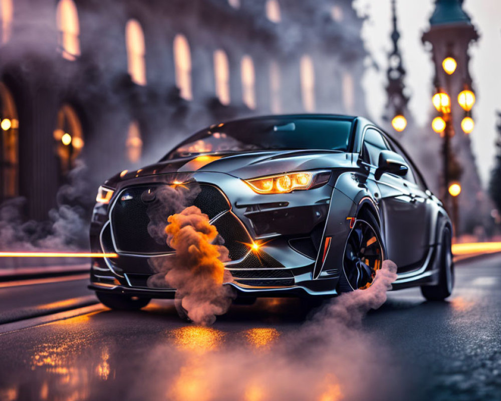 Black Sports Car with Glowing Headlights and Taillights on City Street at Dusk