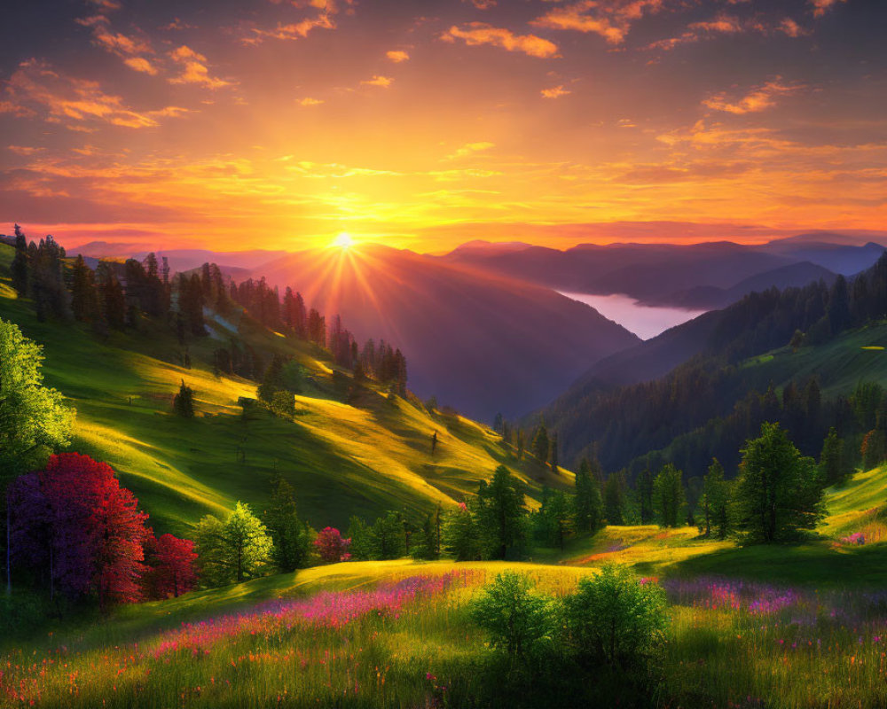 Scenic sunrise over rolling hills, wildflowers, misty valley