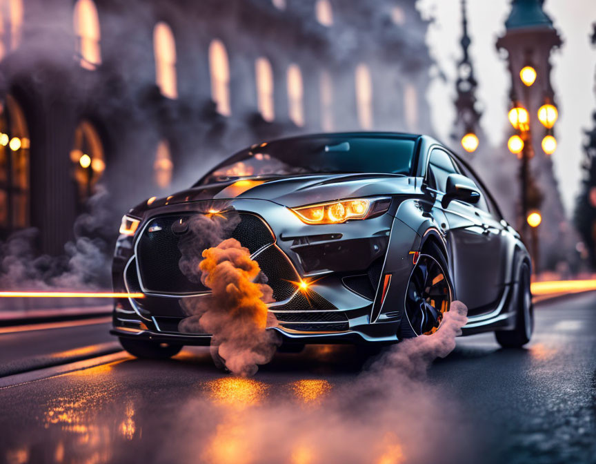 Black Sports Car with Glowing Headlights and Taillights on City Street at Dusk