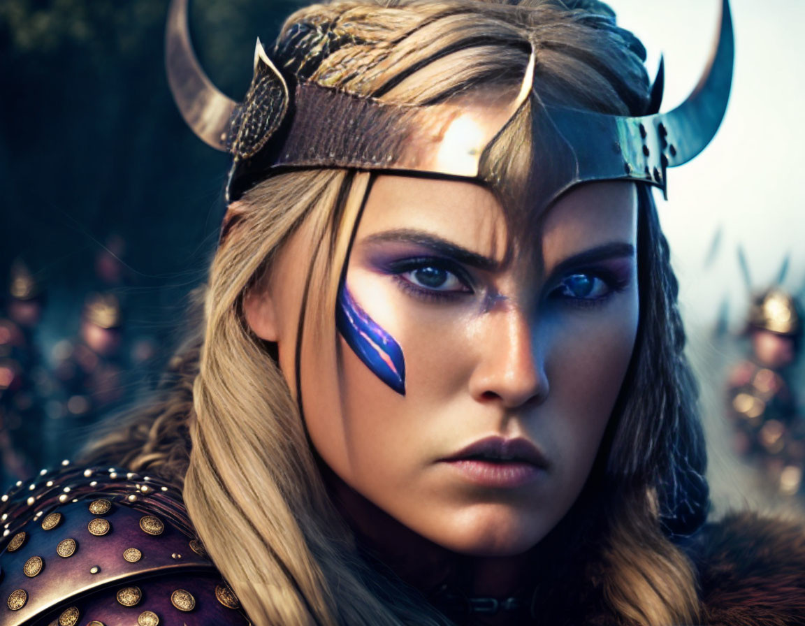 Blue war-painted woman in Viking helmet faces army with fierce expression