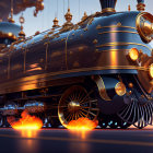 Ornate steam locomotive with glowing wheels and golden details