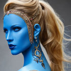 Blue-skinned woman with gold headpiece and blonde braid on grey background