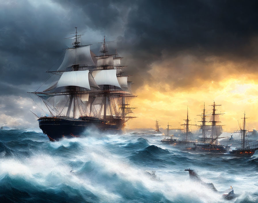 Tall ships sailing through stormy seas under golden sunlight