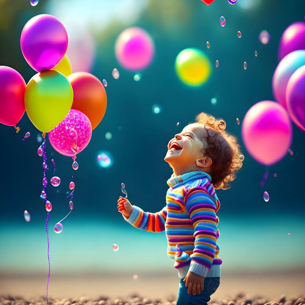 Child in Striped Sweater Laughing with Colorful Balloons and Soap Bubbles