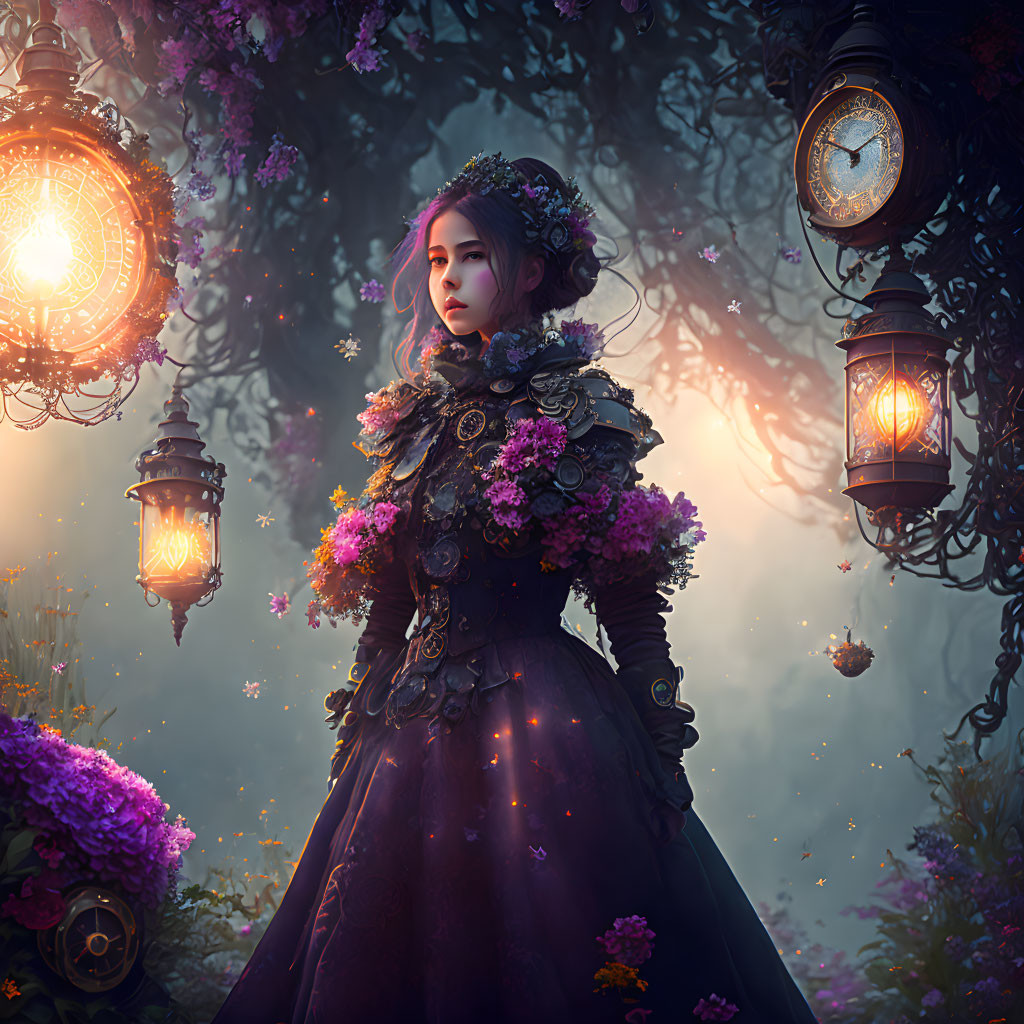 Victorian woman in floral dress in mystical forest with glowing lanterns