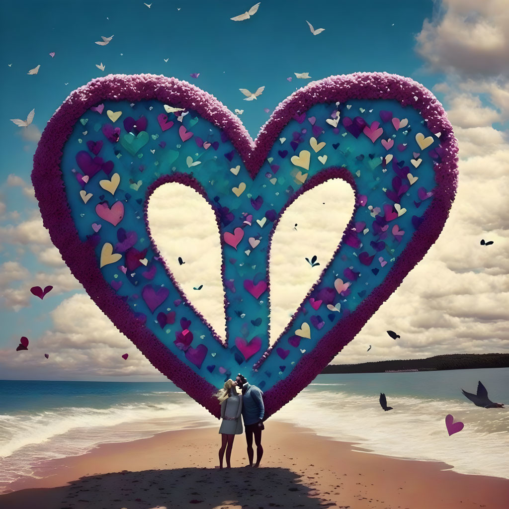 Couple on Beach Gazes at Heart with Flying Hearts over Sea