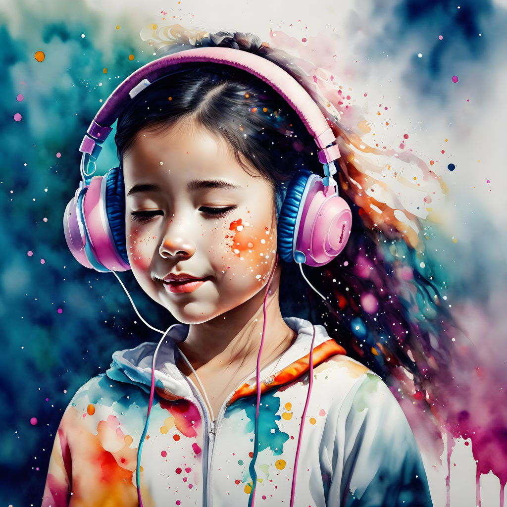 Young girl in pink headphones against vibrant colors on blue backdrop