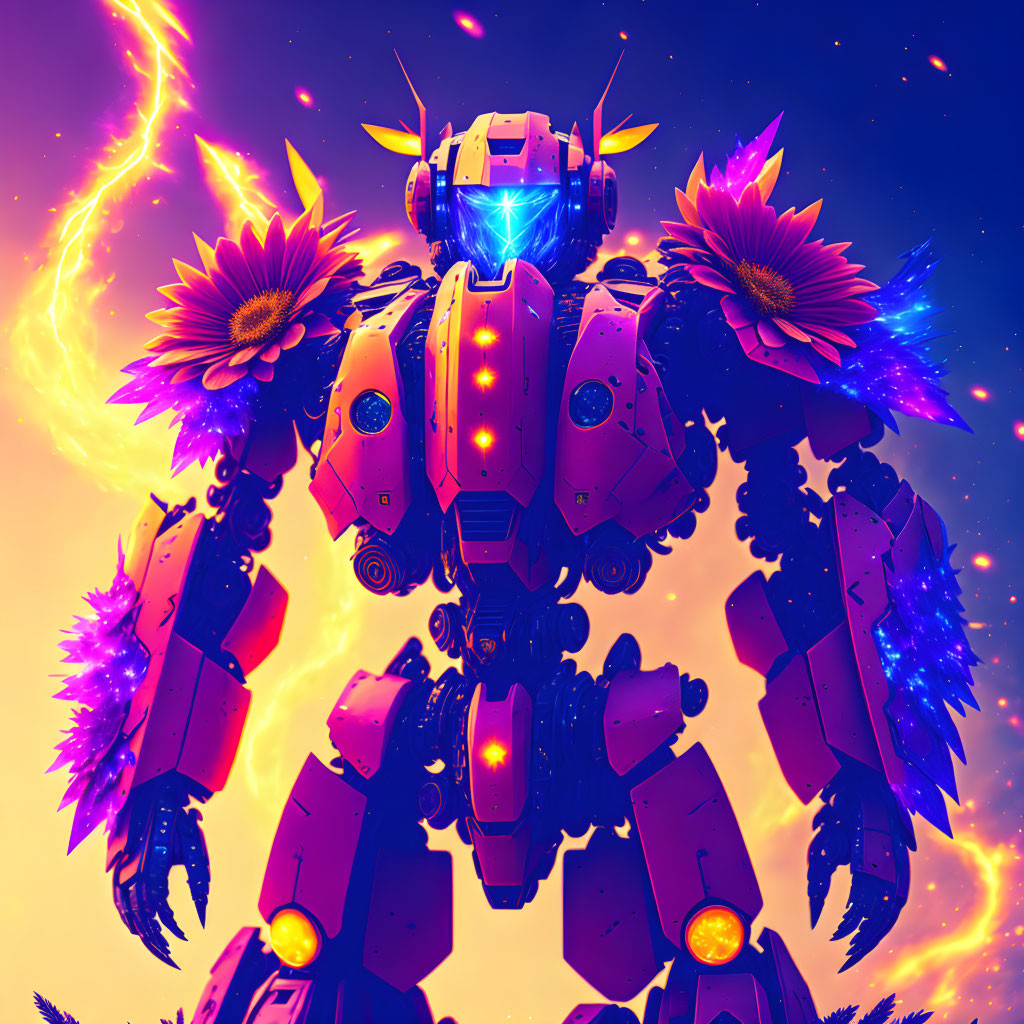 Colorful Mech Artwork in Cosmic Scene with Sunflowers and Nebulae