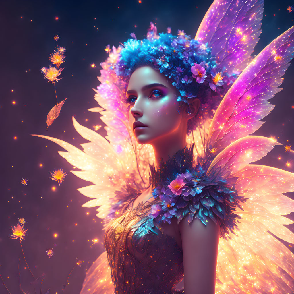 Enchanting fairy with glowing wings and floral crown in starlit scene