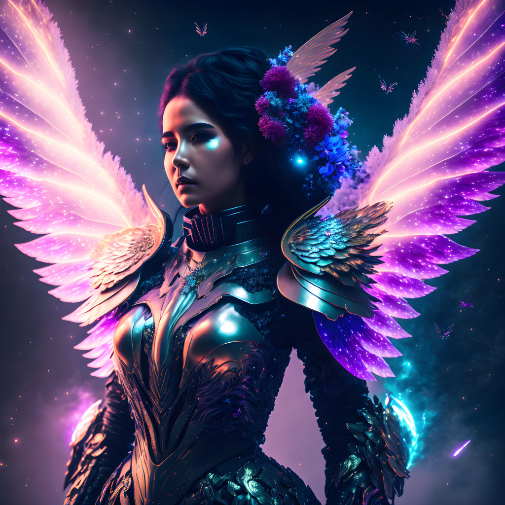 Multicolored winged female figure in futuristic armor on cosmic backdrop