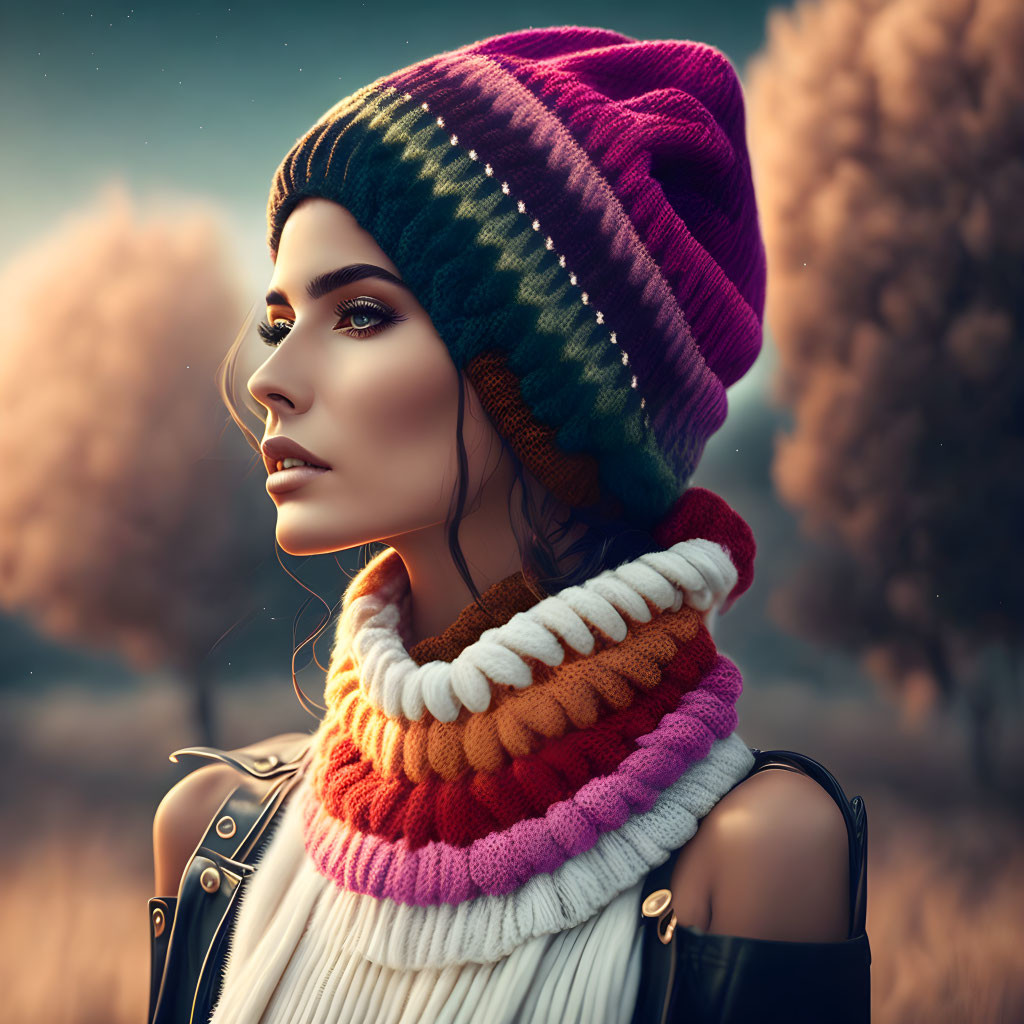 Serene woman in colorful knit hat and scarf in autumn setting