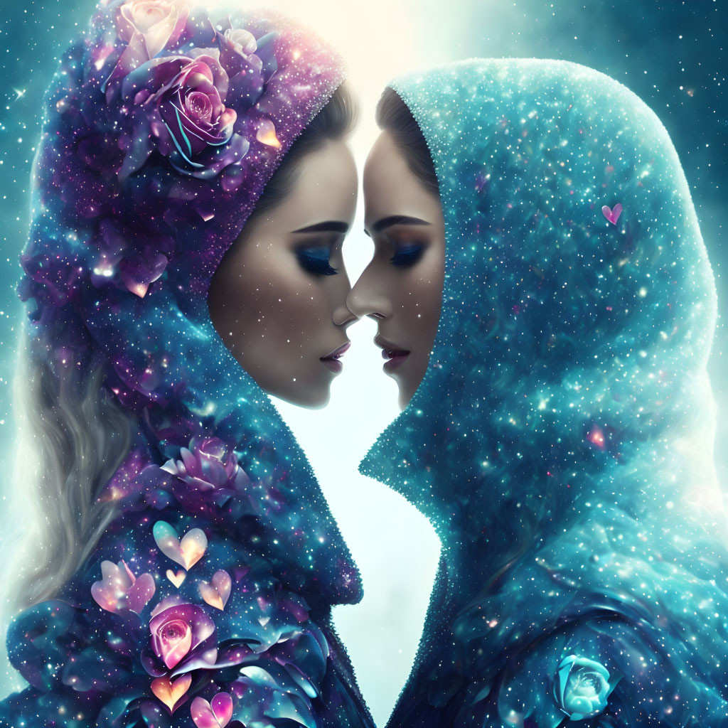 Ethereal women with cosmic-themed hoods in starry aura.