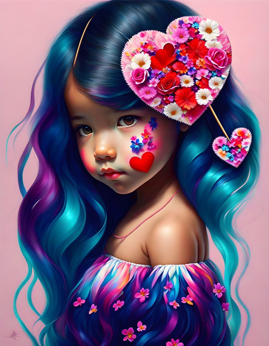 Digital Artwork: Girl with Vibrant Blue Hair and Heart-Shaped Flower Arrangement