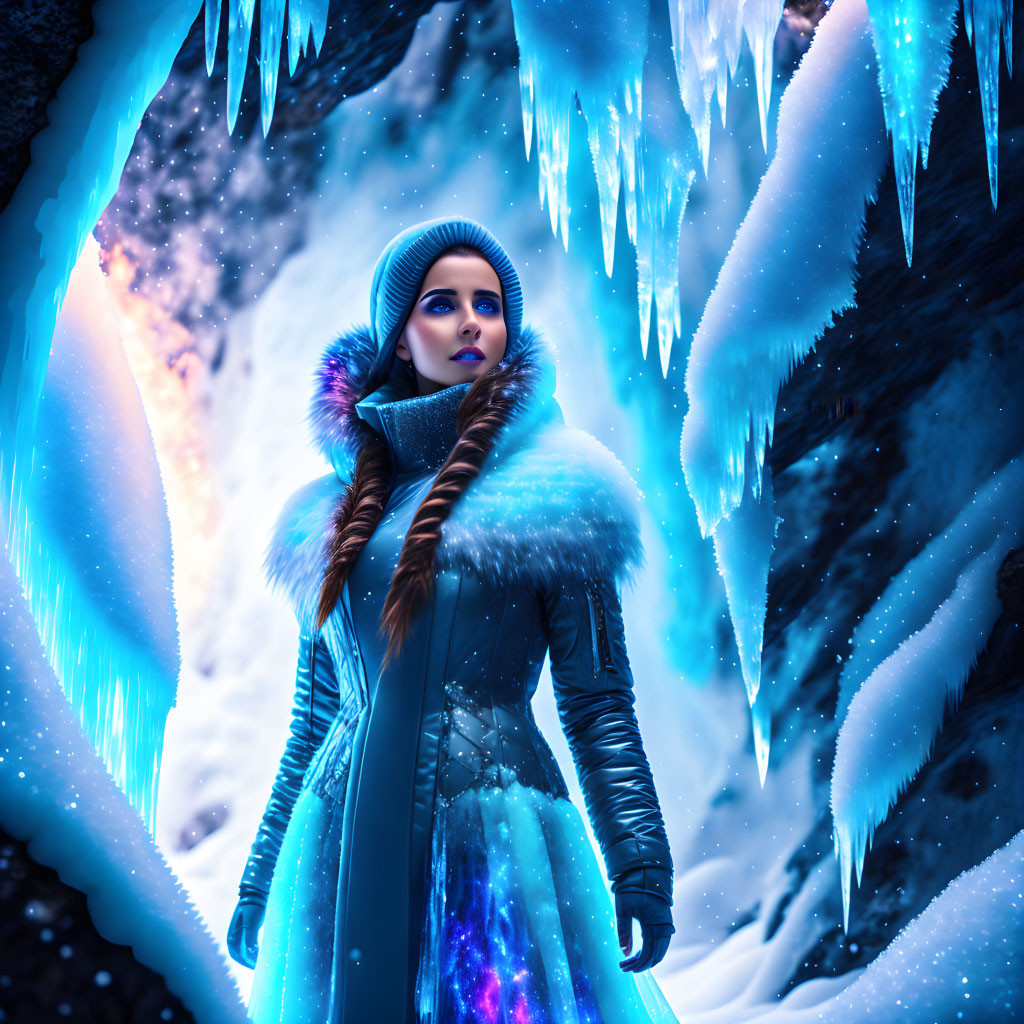 Woman in fur-trimmed coat in icy cave with large icicles and mystical blue light