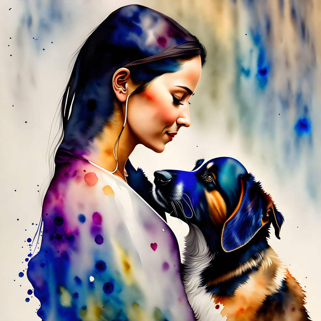 Digital artwork: Serene woman and Bernese Mountain Dog in watercolor effect on splattered paint background