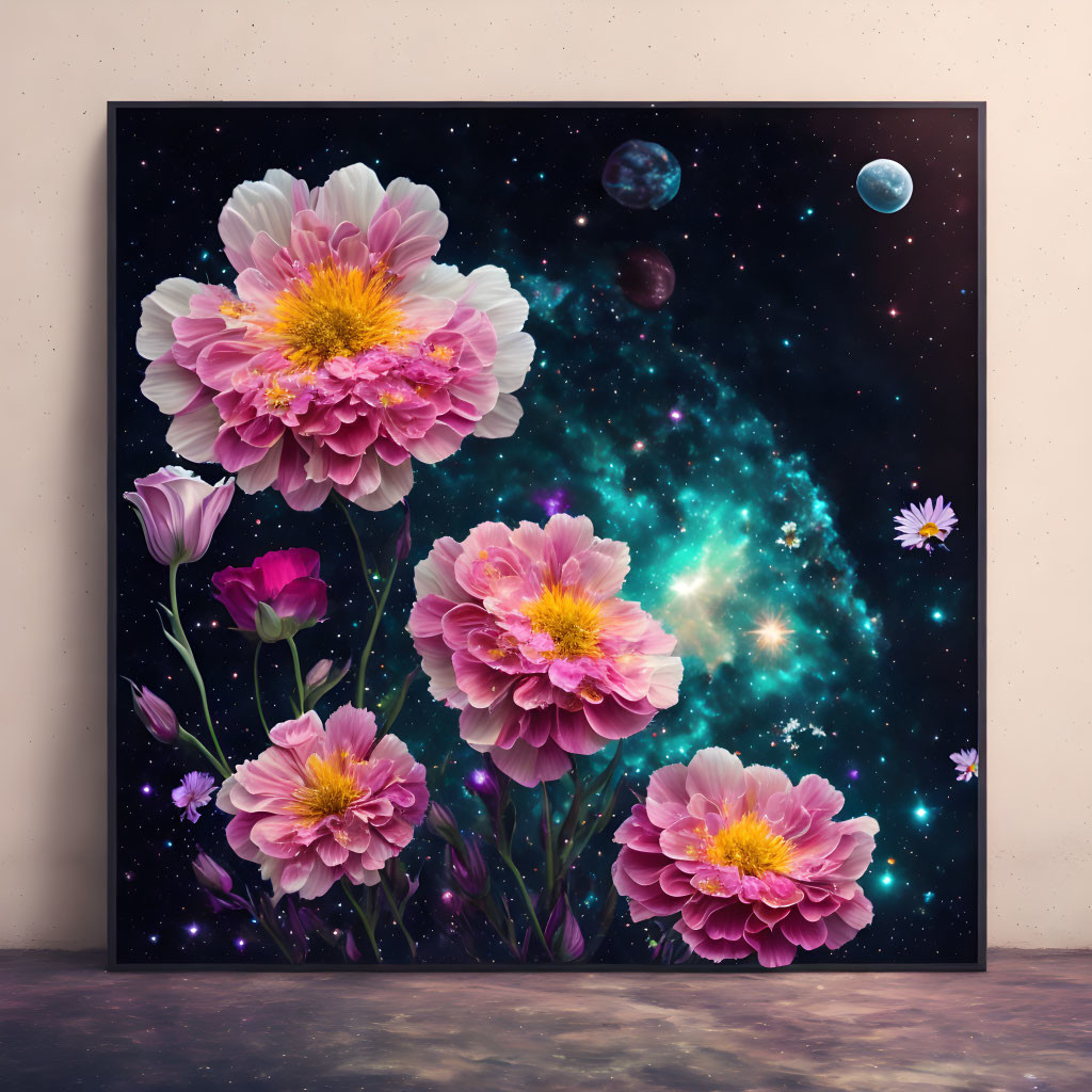 Cosmic-themed painting of pink flowers against galaxy backdrop