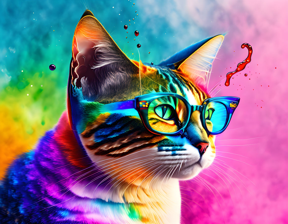 Multicolored cat with glasses on abstract background