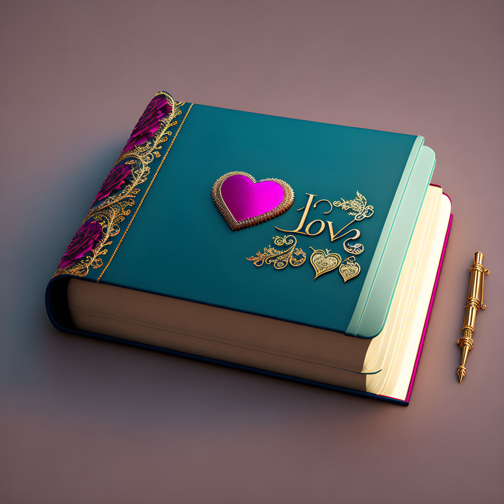 Teal diary with gold pen, pink heart, and "love" word in gold on cover