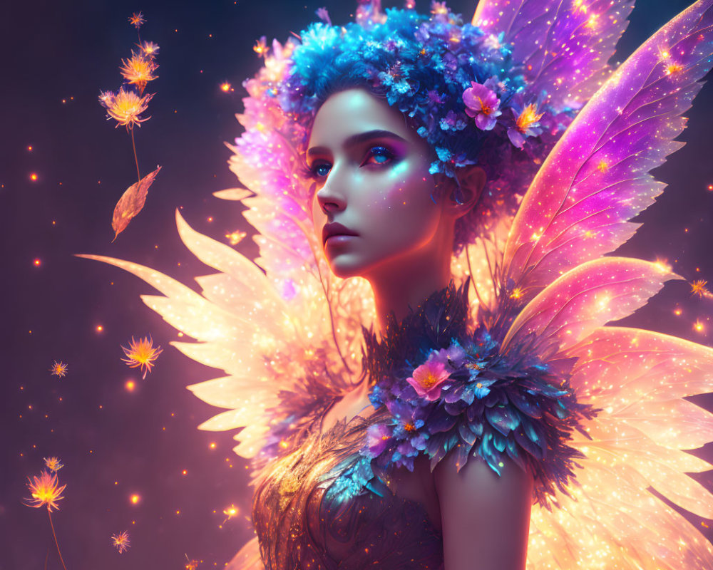 Enchanting fairy with glowing wings and floral crown in starlit scene