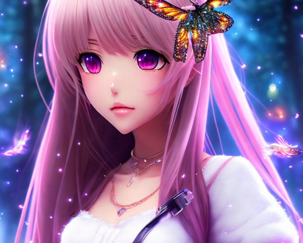 Anime-style girl with pink hair and purple eyes, adorned with a butterfly, set in a magical scene