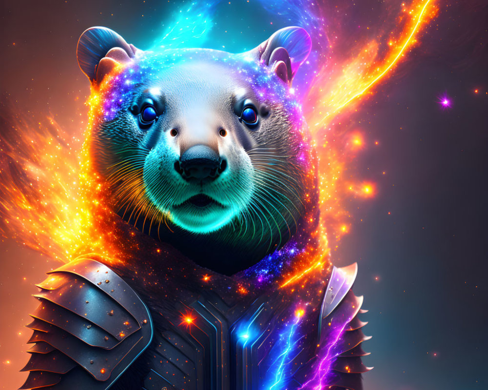 Glowing cosmic bear in futuristic armor amid fiery nebulae