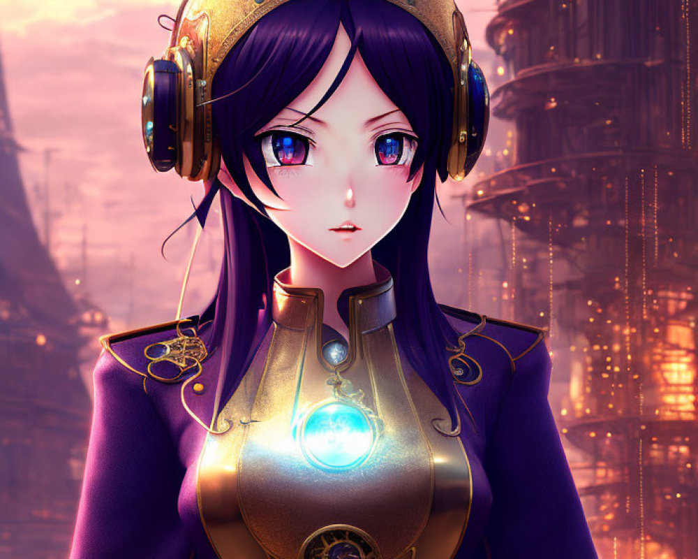 Digital artwork: Female character with purple hair and eyes in futuristic golden helmet and suit with glowing blue orb