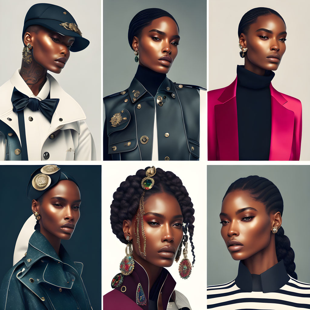 Stylized collage of six fashion portraits with unique hats and accessories