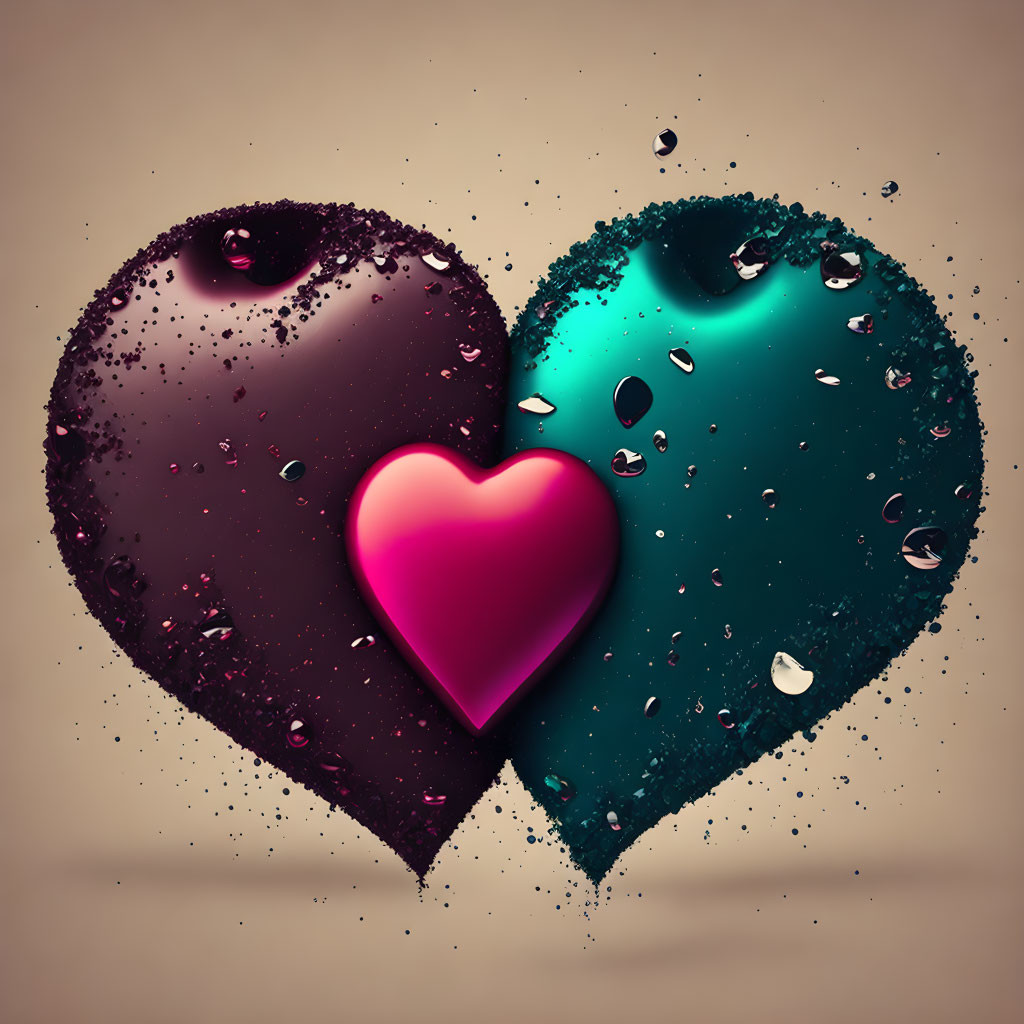 Three heart shapes: black and teal textured hearts with a glossy pink one in the middle