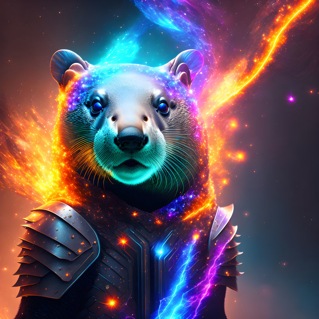 Glowing cosmic bear in futuristic armor amid fiery nebulae