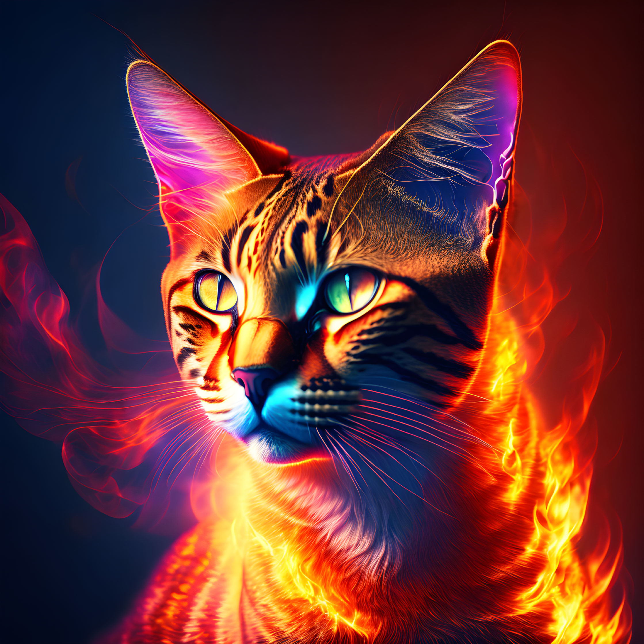 Colorful digital artwork of a cat with blue eyes in fiery tones on dark backdrop