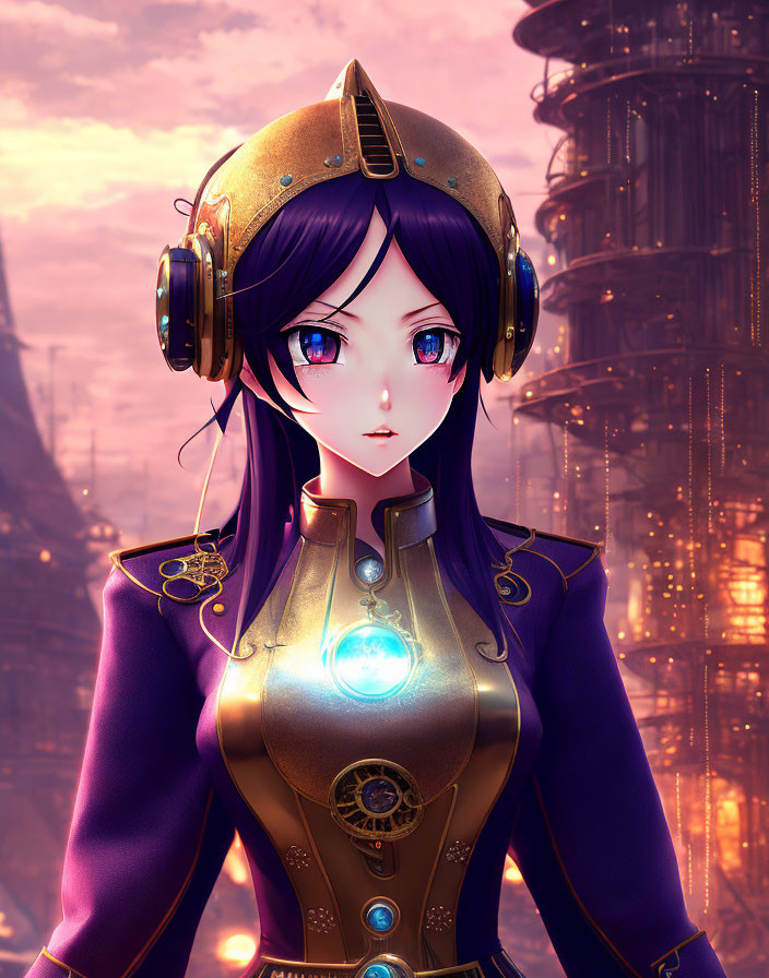 Digital artwork: Female character with purple hair and eyes in futuristic golden helmet and suit with glowing blue orb