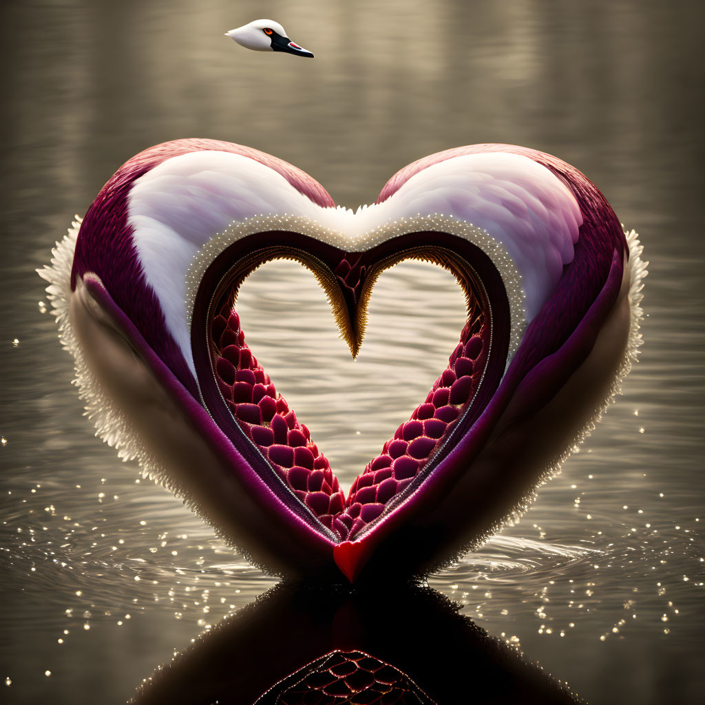 Swans Creating Heart Shape on Water Surface with Mirrored Swan Inside