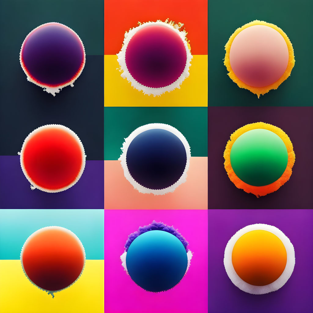 Colorful Sphere Illustrations on Gradient Backgrounds in 3x3 Grid