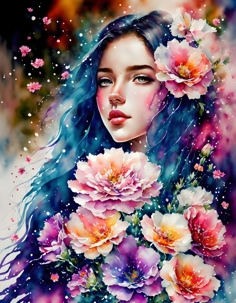 Portrait of Woman with Blue Hair Surrounded by Flowers, Cosmic and Snowy Background