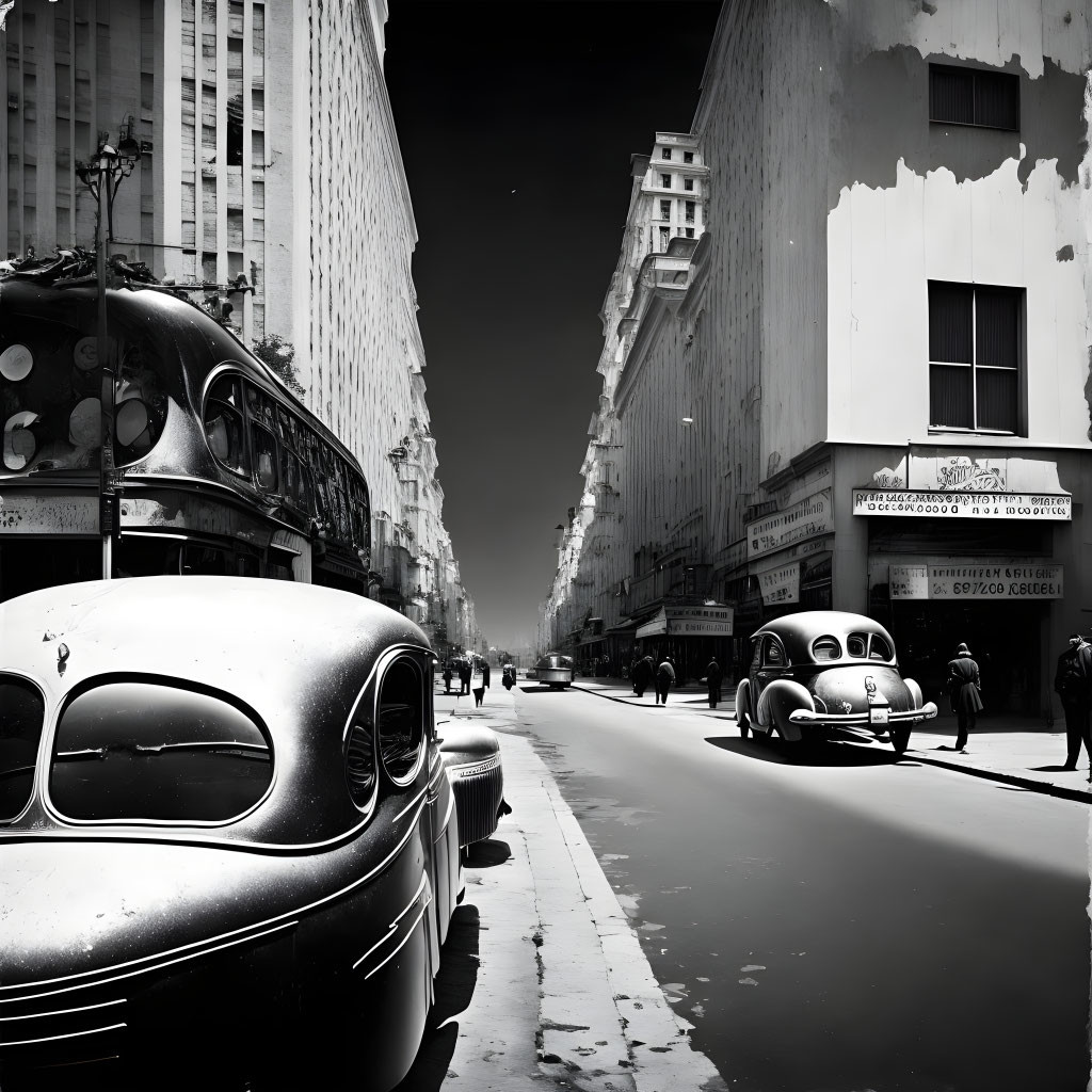 Vintage cars lined on city street in black and white photo