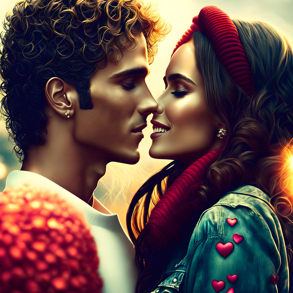 Romantic couple digital art with curly hair, earring, red beanie, denim jacket, and