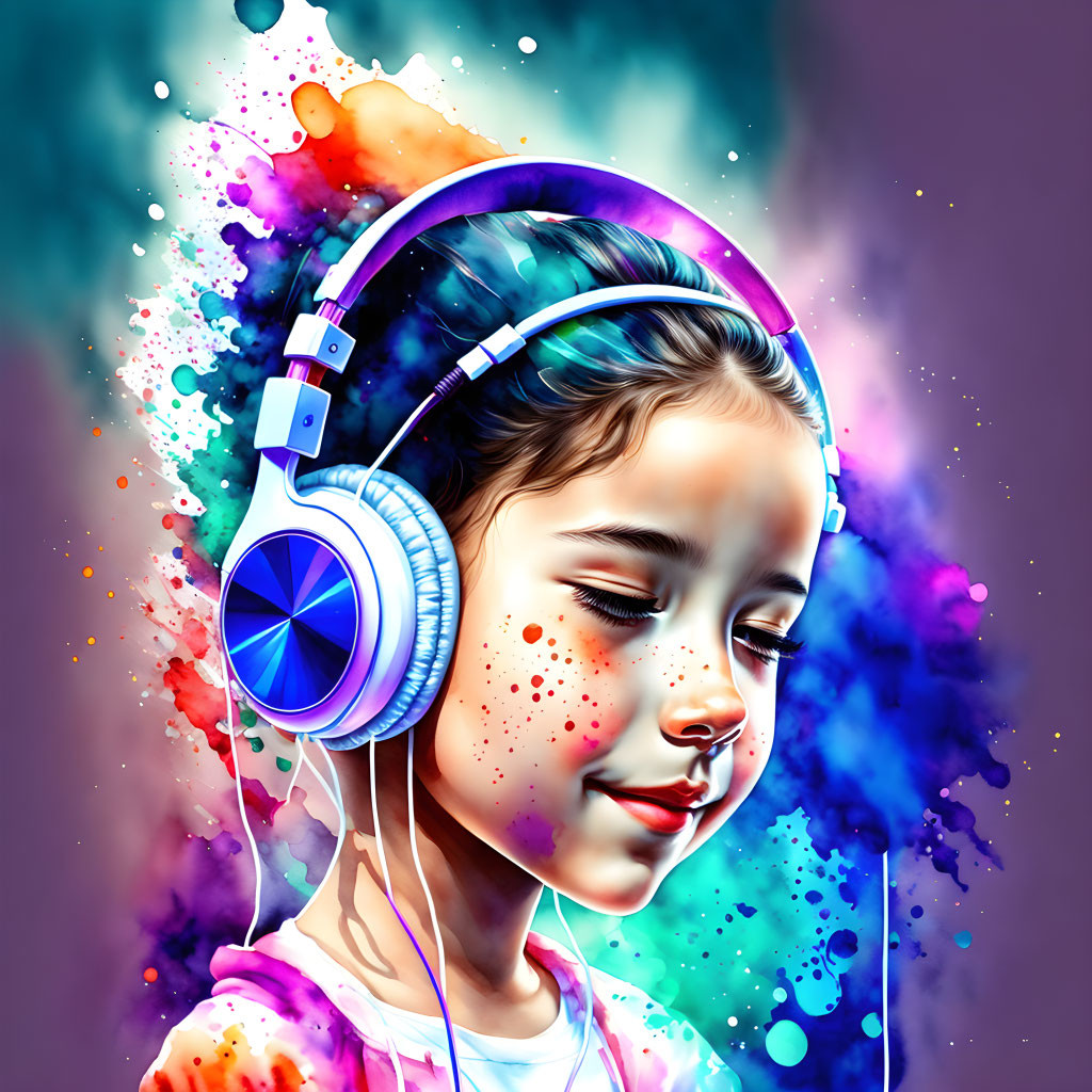 Colorful Digital Artwork: Girl with Headphones in Dreamy Setting