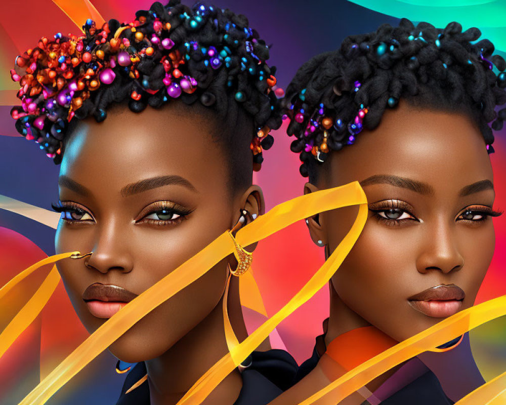 Artistic Makeup and Colorful Beaded Hairstyles on Two Women in Vibrant Abstract Setting