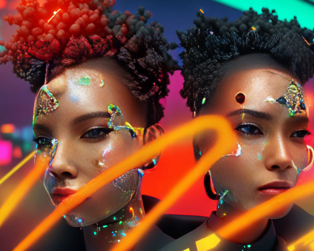 Artistic makeup and hairstyles on two individuals in neon-lit setting