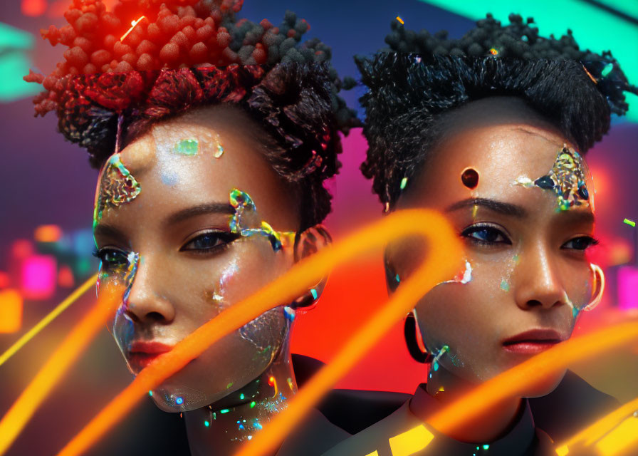 Artistic makeup and hairstyles on two individuals in neon-lit setting