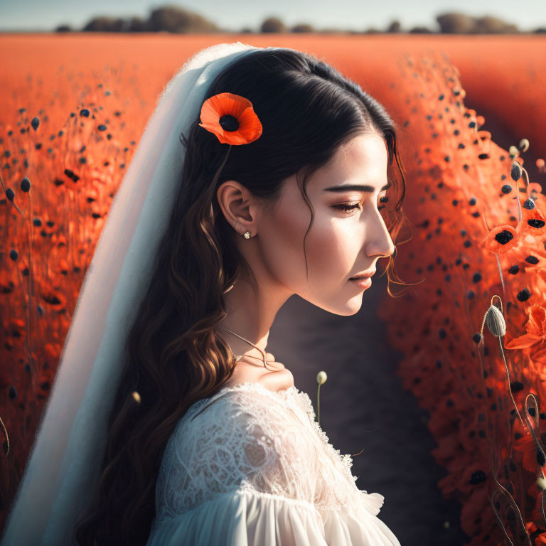 Woman in white dress with red flower in hair standing in poppy field portrait.