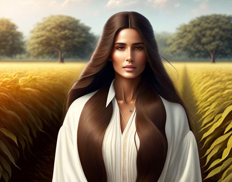 Digital illustration: Woman with long brown hair in white shirt in golden wheat field.