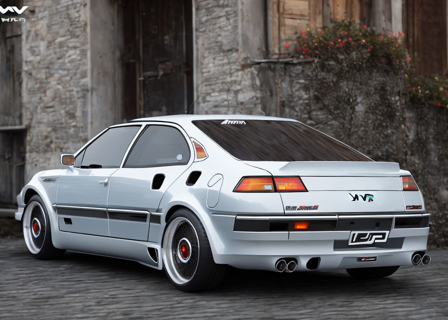 Silver Classic Sports Car with "INFINI" Branding, Rear Spoiler, Quad Exhaust Pipes