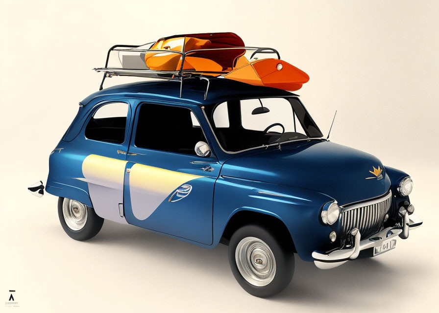 Vintage Blue Car with Surfboard and Kayak on Roof Rack