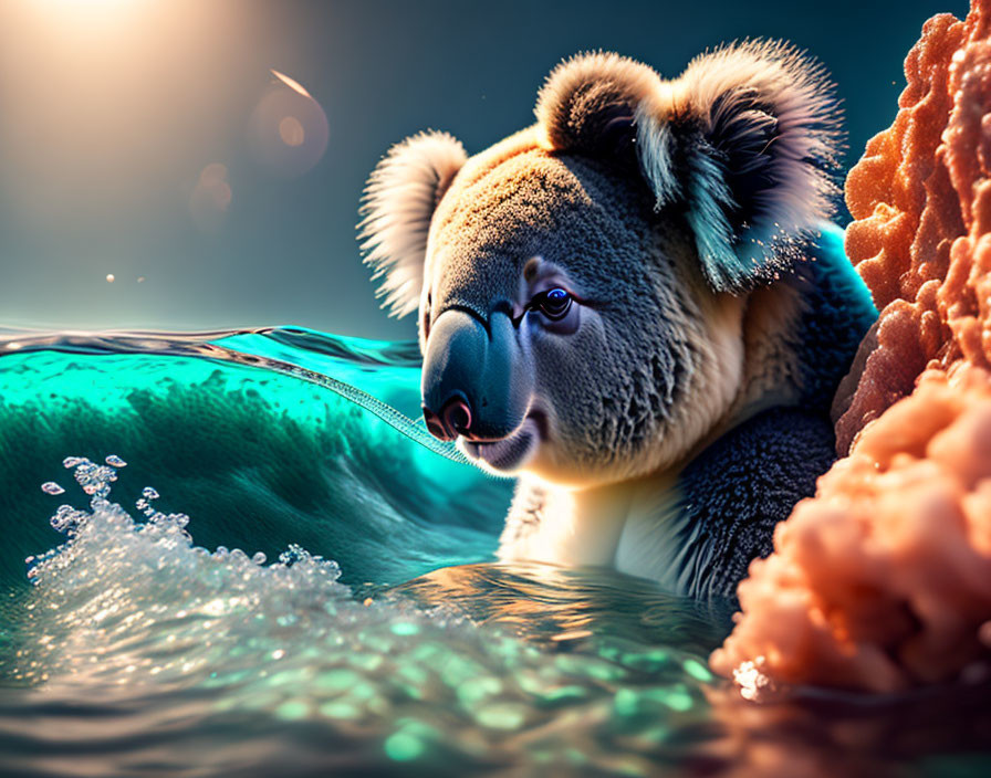 Photorealistic illustration: Koala peeking from coral in vibrant underwater scene