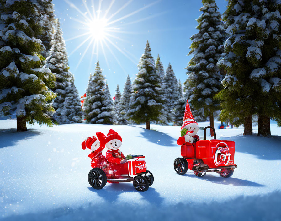 Snowman on tricycle pulling sled in snowy winter scene