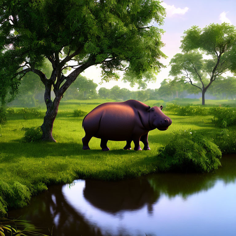 Hippopotamus by serene water body in lush greenery