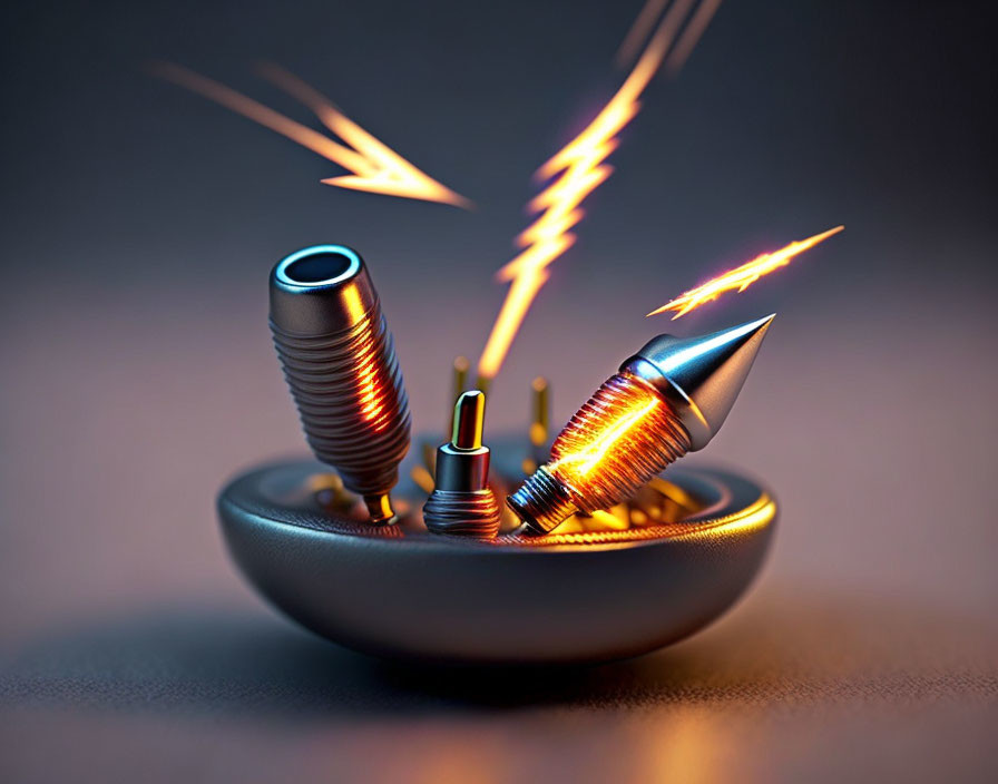 Digital image: Bowl with three spark plug-like objects emitting orange sparks & lightning effects